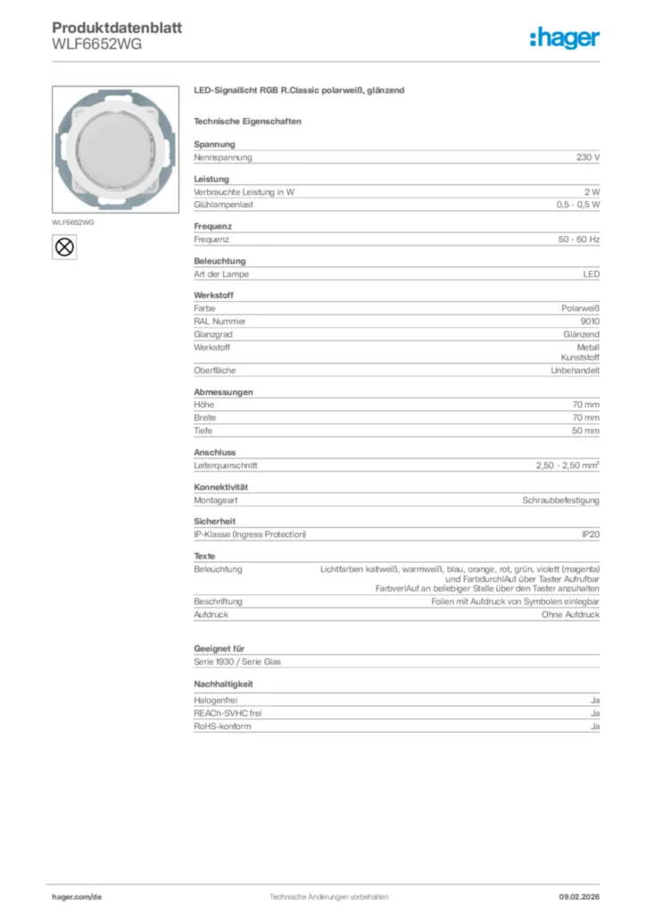 Bild Hager Produktdatenblatt WLF6652WG | Hager Deutschland