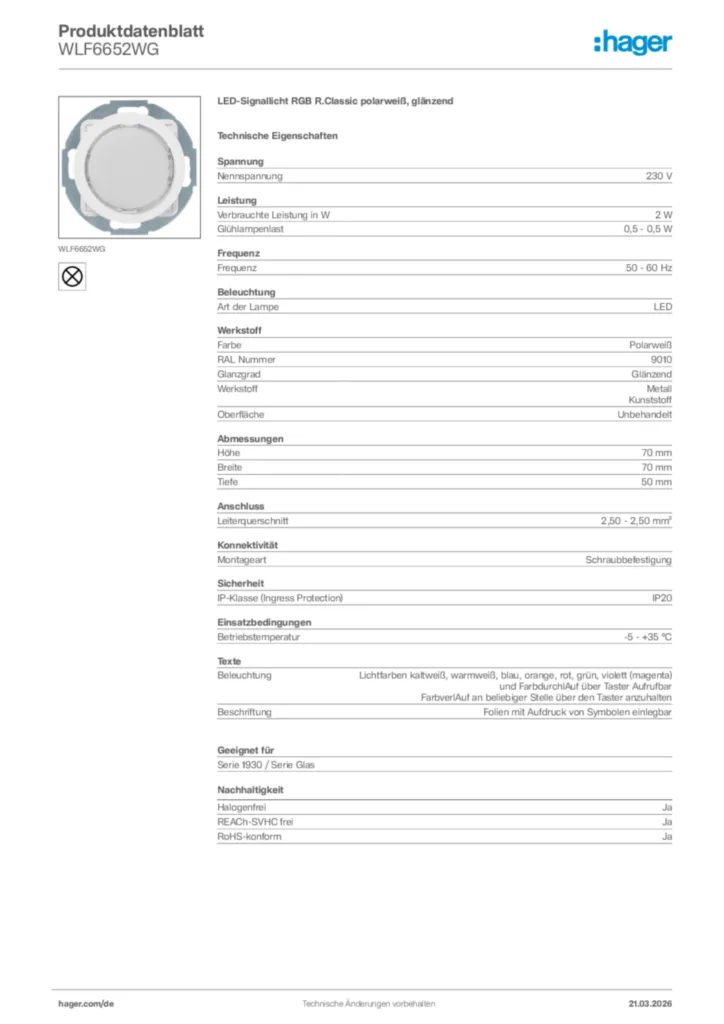 Bild Hager Produktdatenblatt WLF6652WG | Hager Deutschland