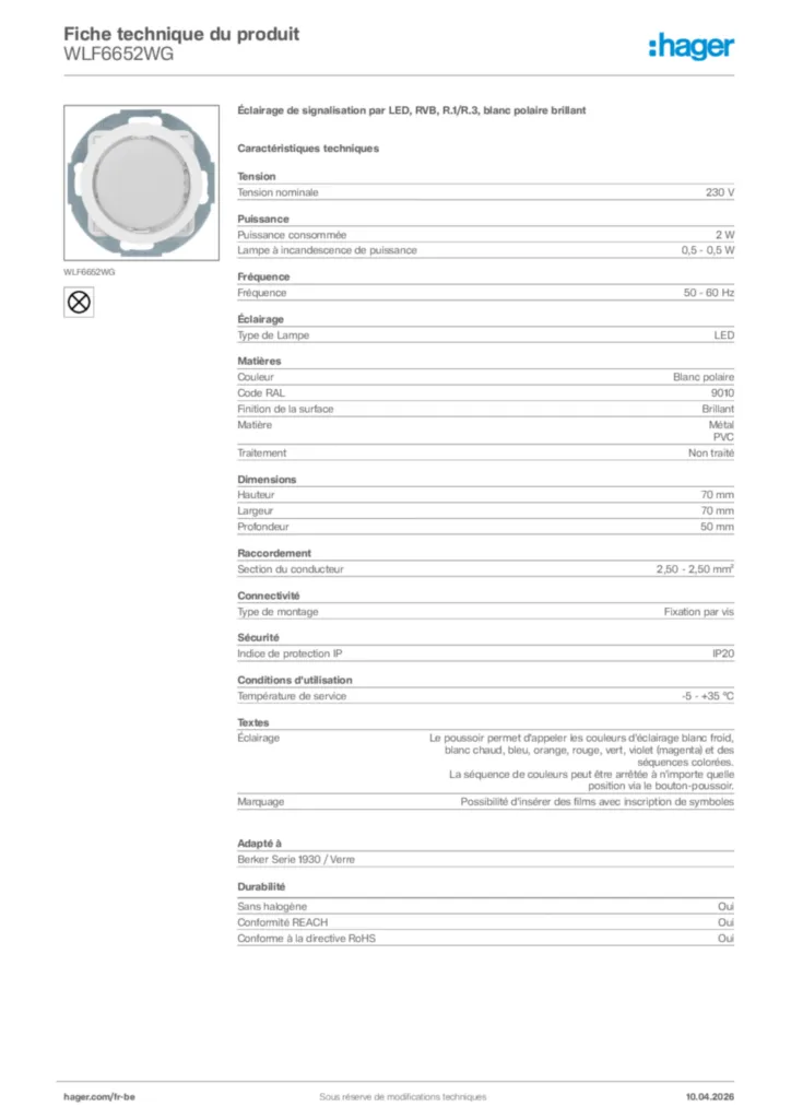 Image Hager Fiche technique du produit WLF6652WG | Hager Belgique