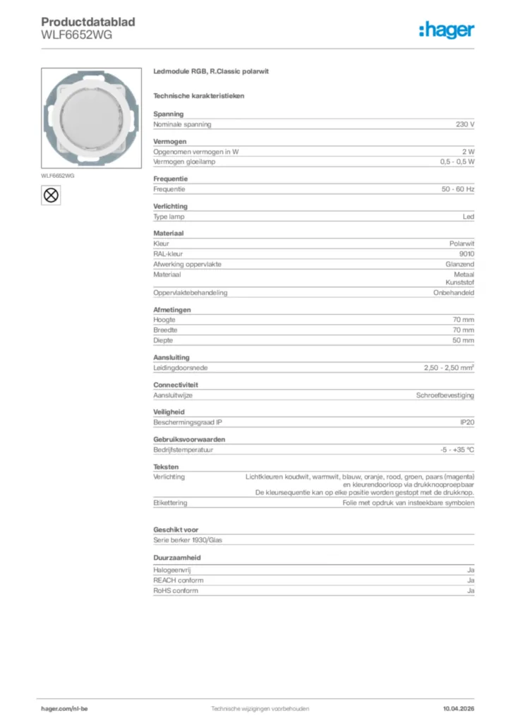 Afbeelding Hager Productdatablad WLF6652WG | Hager Belgium