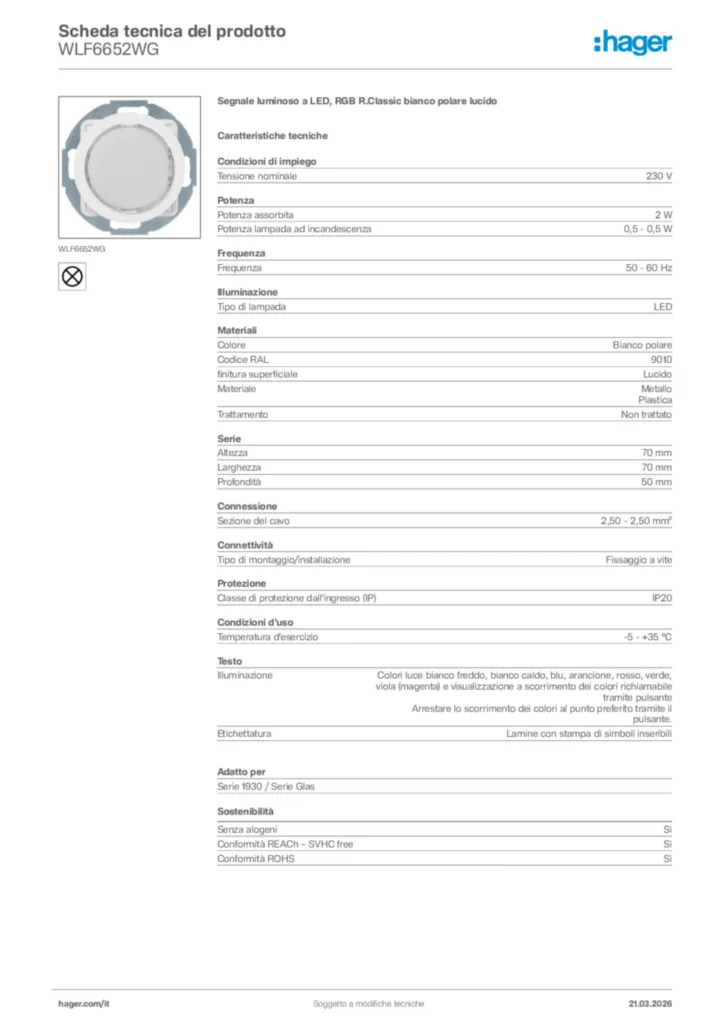 Immagine Hager Scheda tecnica del prodotto WLF6652WG | Hager Italia