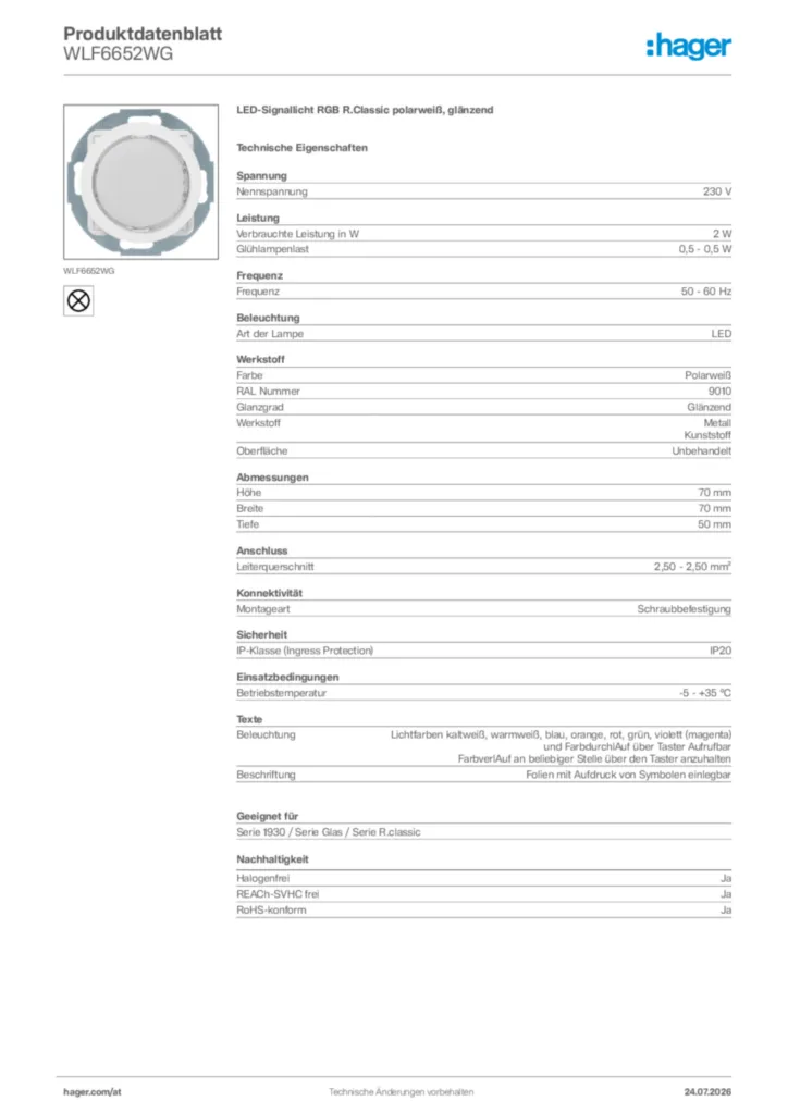 Bild Hager Produktdatenblatt WLF6652WG | Hager Deutschland
