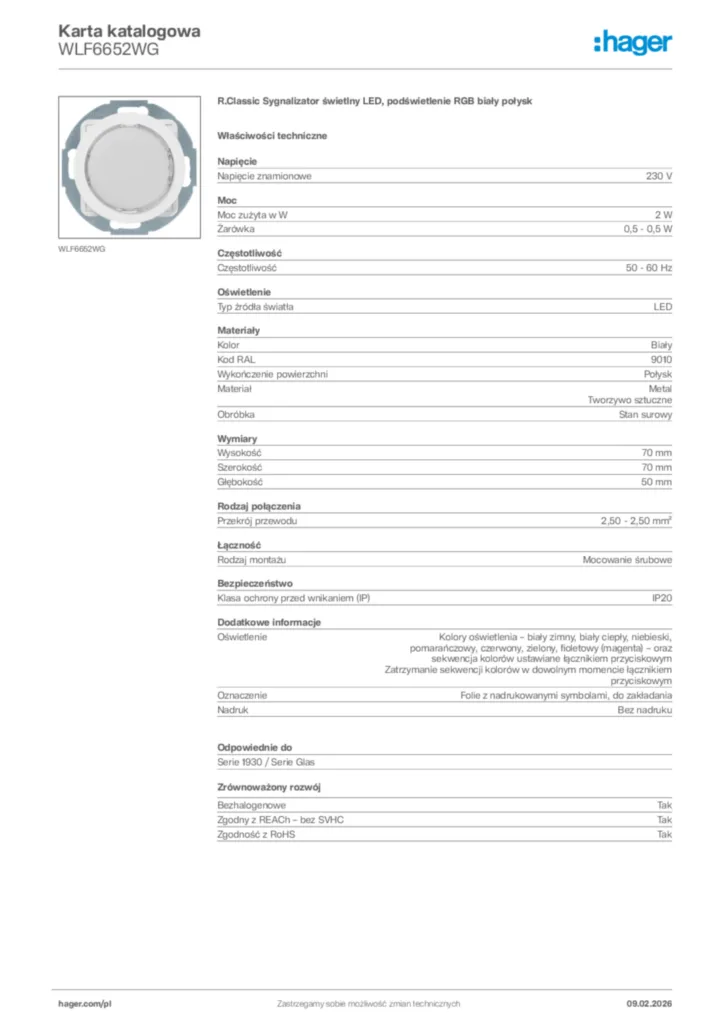 Zdjęcie Hager Karta katalogowa WLF6652WG | Hager Polska