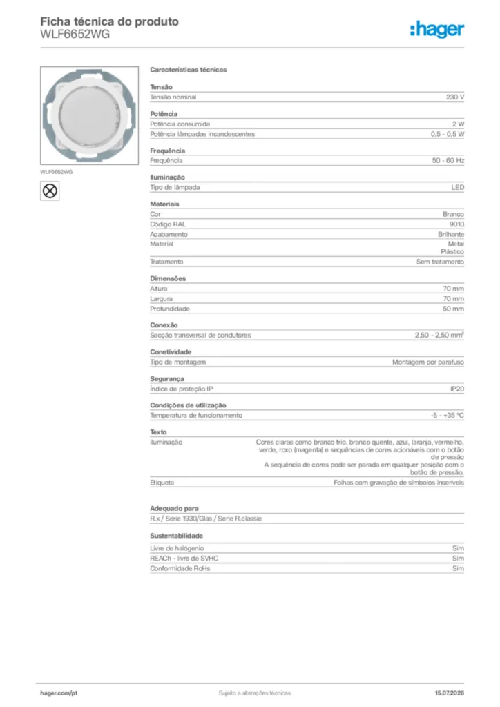 Imagem Hager Ficha técnica do produto WLF6652WG | Hager Portugal