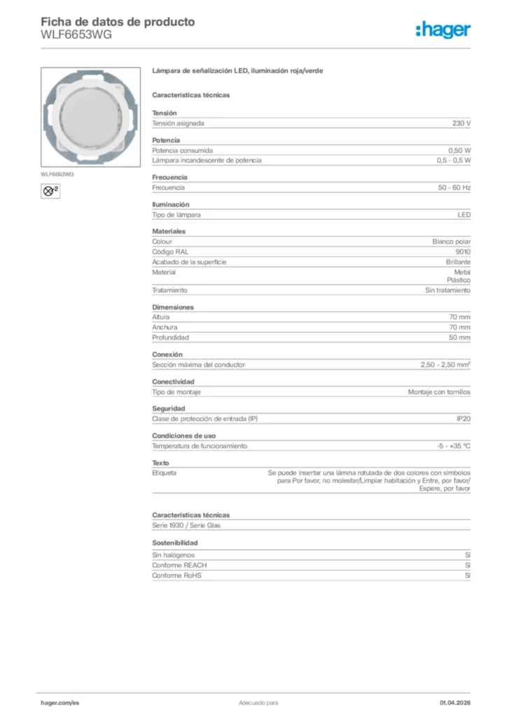 Imagen Hager Ficha de datos de producto WLF6653WG | Hager España