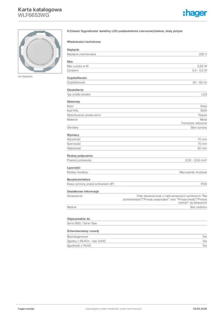 Zdjęcie Hager Karta katalogowa WLF6653WG | Hager Polska
