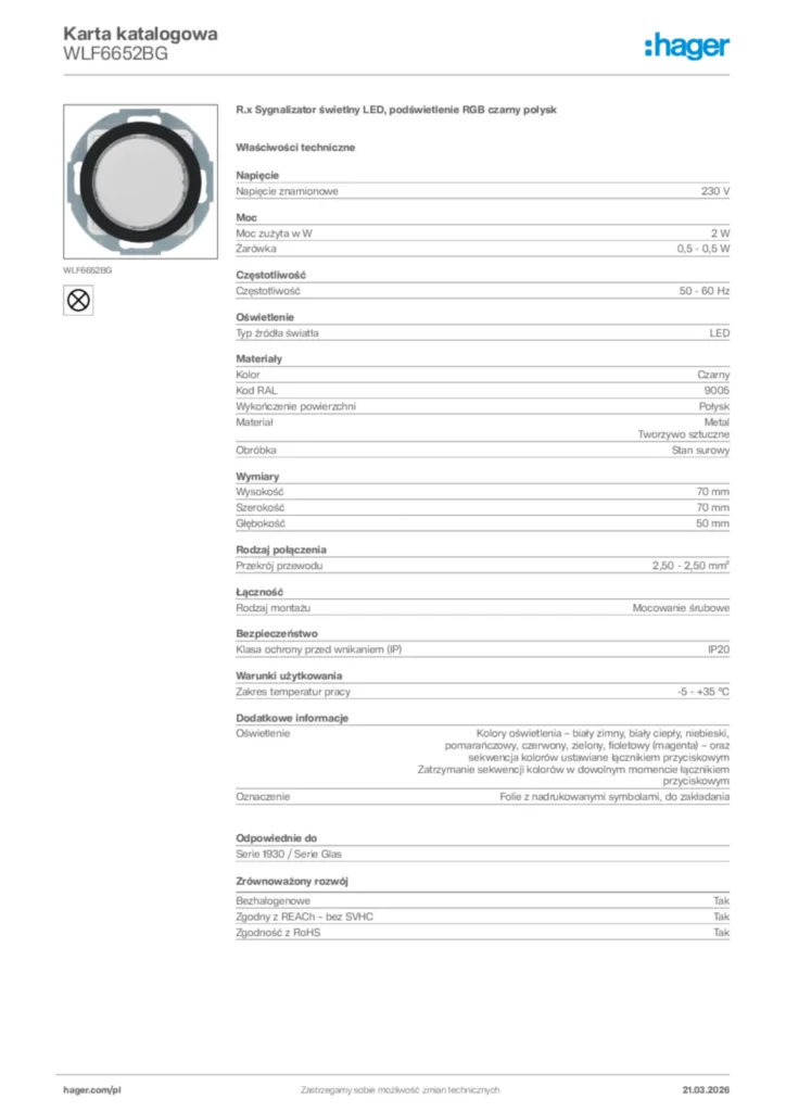 Zdjęcie Hager Karta katalogowa WLF6652BG | Hager Polska