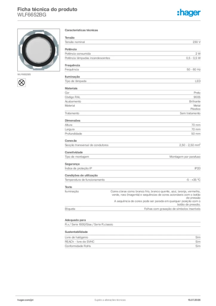 Imagem Hager Ficha técnica do produto WLF6652BG | Hager Portugal
