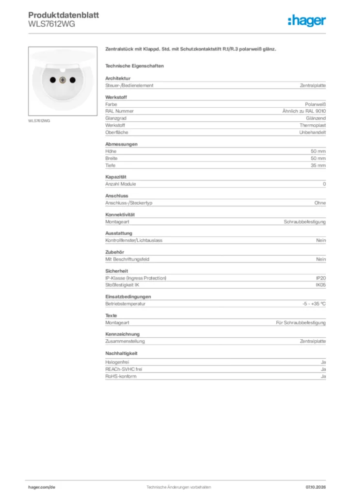 Bild Hager Produktdatenblatt WLS7612WG | Hager Deutschland