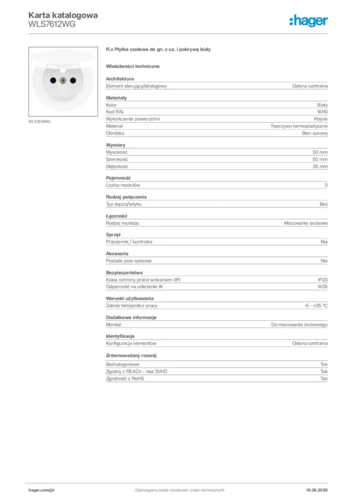 Zdjęcie Hager Karta katalogowa WLS7612WG | Hager Polska