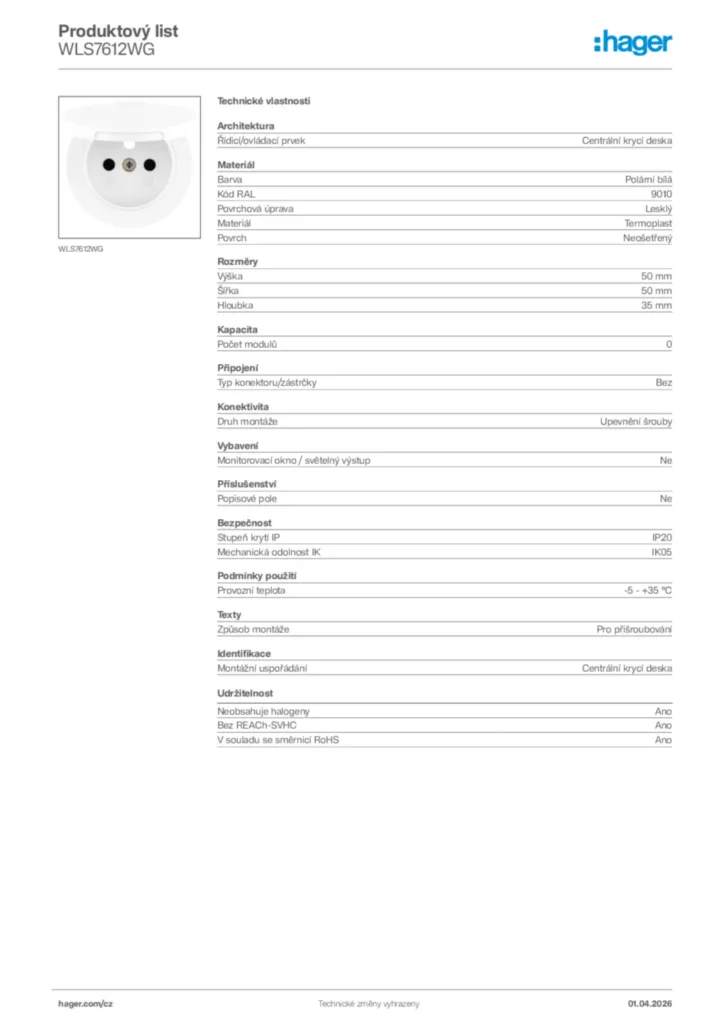 Obrázek Hager Product data sheet WLS7612WG | Hager