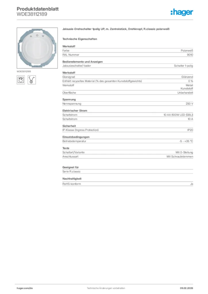 Bild Hager Produktdatenblatt WDE38112189 | Hager Deutschland