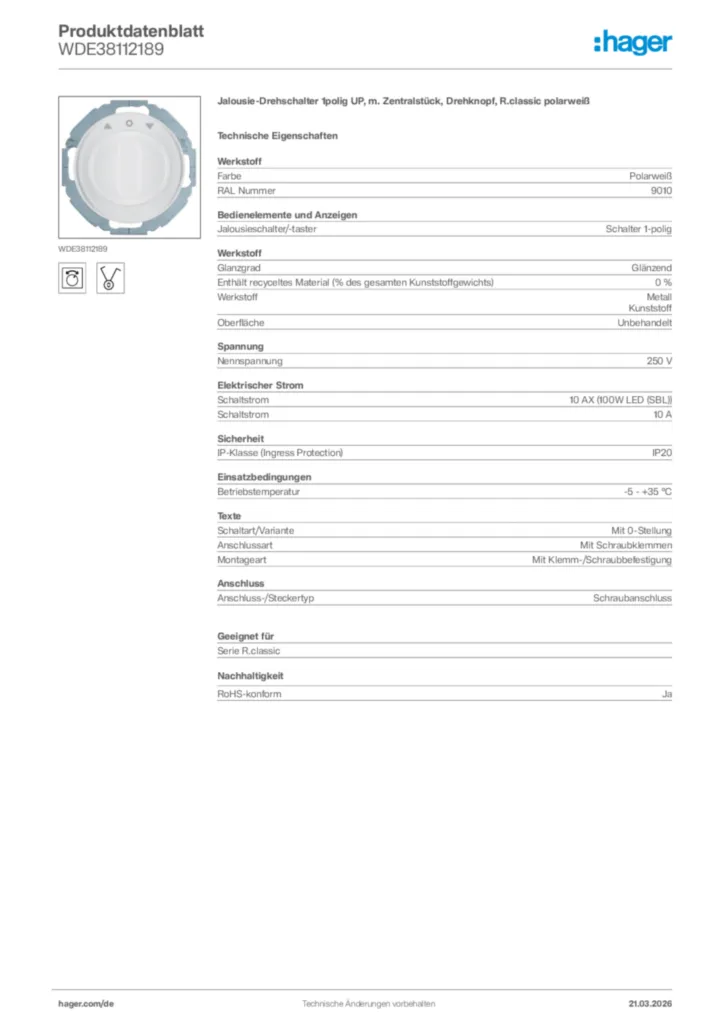 Bild Hager Produktdatenblatt WDE38112189 | Hager Deutschland