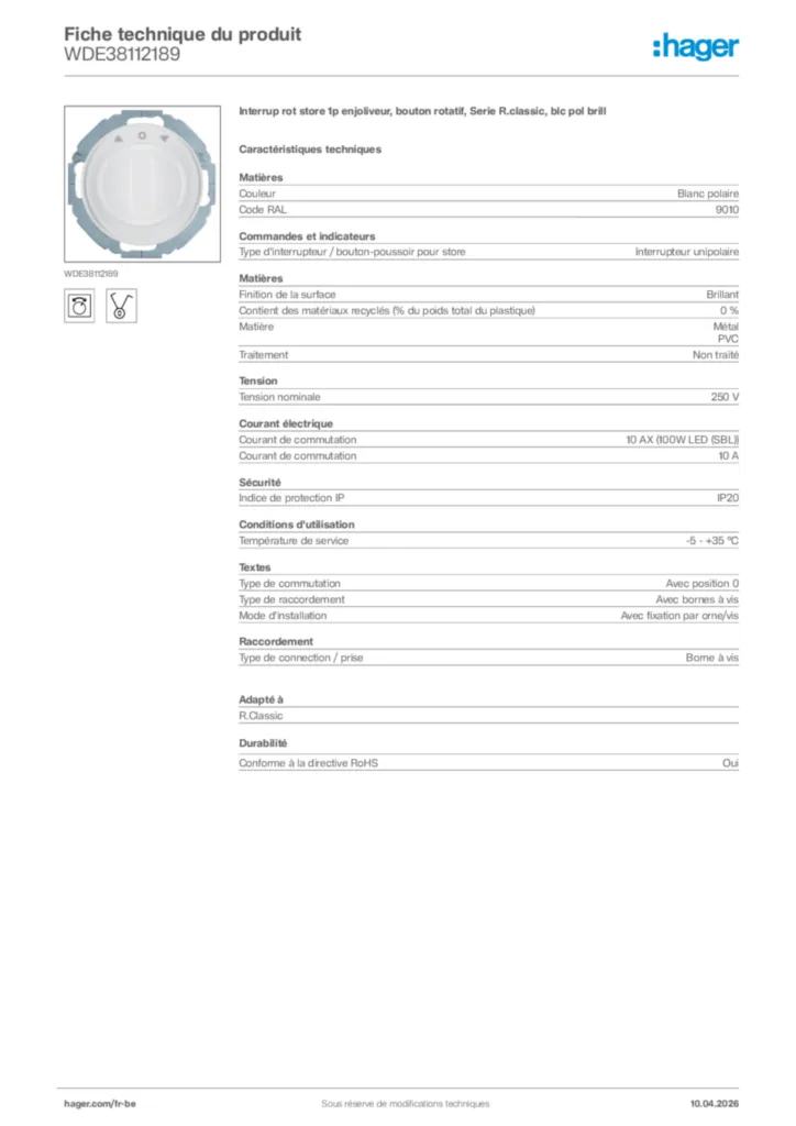 Image Hager Fiche technique du produit WDE38112189 | Hager Belgique