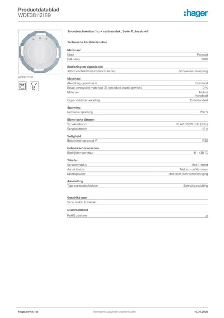 Afbeelding Hager Productdatablad WDE38112189 | Hager Belgium