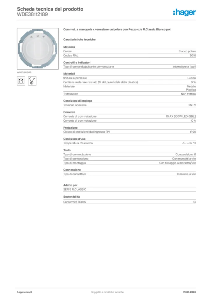 Immagine Hager Scheda tecnica del prodotto WDE38112189 | Hager Italia