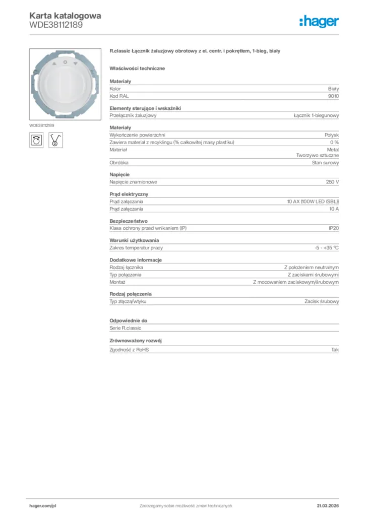 Zdjęcie Hager Karta katalogowa WDE38112189 | Hager Polska