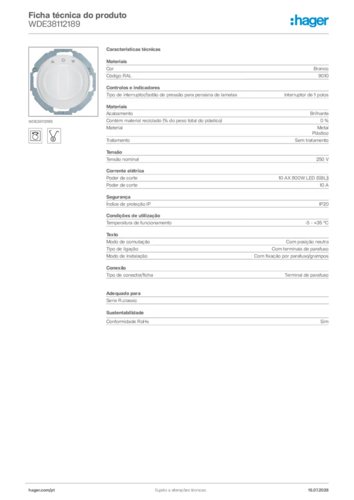 Imagem Hager Ficha técnica do produto WDE38112189 | Hager Portugal