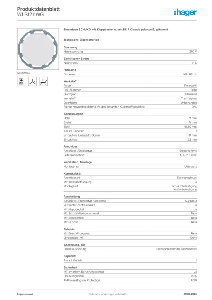 Bild Hager Produktdatenblatt WLS1211WG | Hager Deutschland