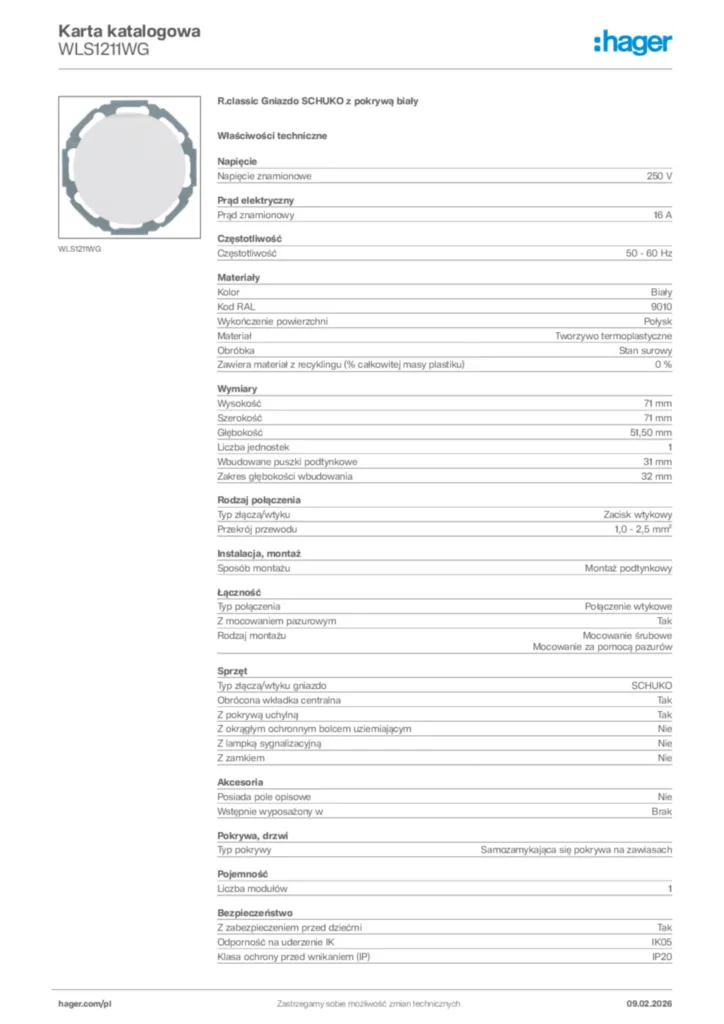 Zdjęcie Hager Karta katalogowa WLS1211WG | Hager Polska