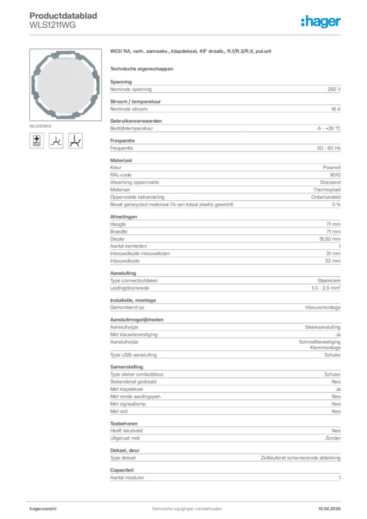 Afbeelding Hager Productdatablad WLS1211WG | Hager Nederland