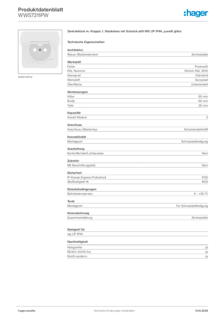 Bild Hager Produktdatenblatt WWS7311PW | Hager Deutschland