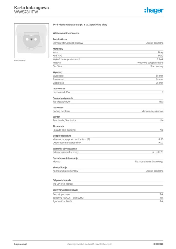 Zdjęcie Hager Karta katalogowa WWS7311PW | Hager Polska