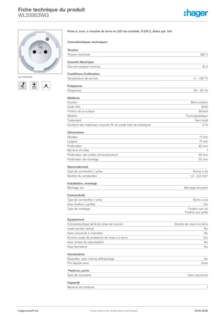 Image Hager Fiche technique du produit WLS1863WG | Hager Belgique