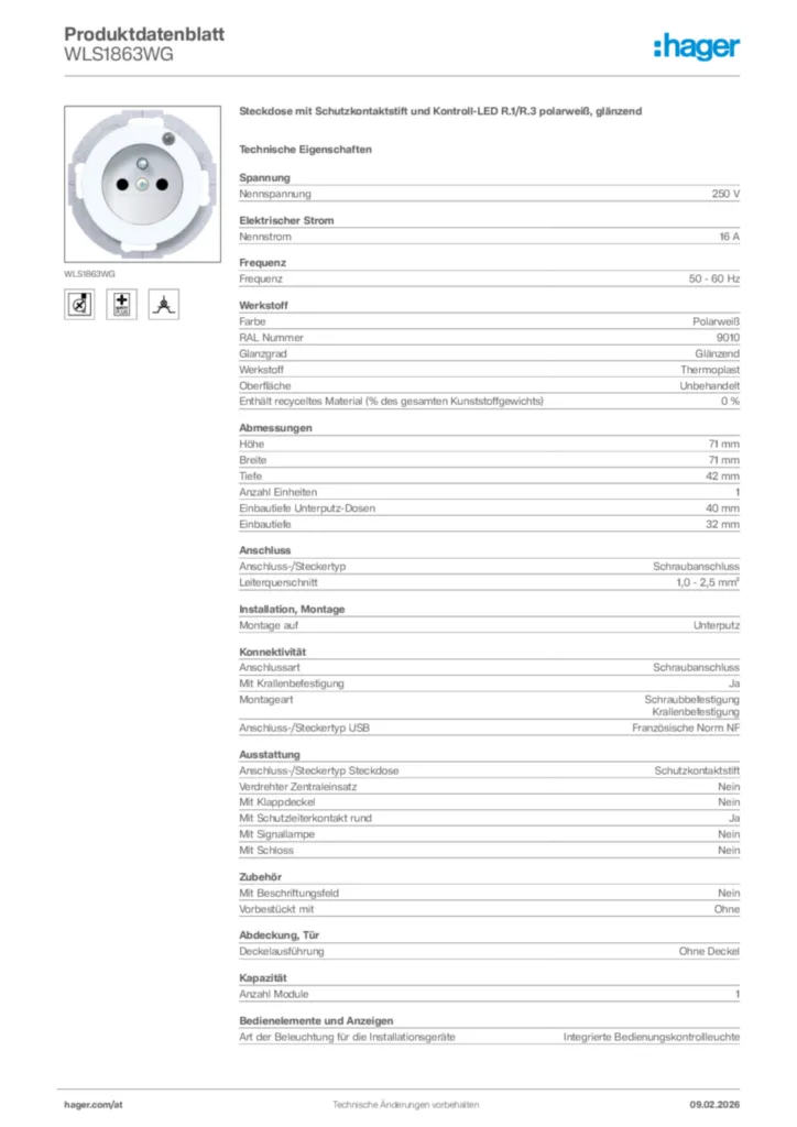 Bild Hager Produktdatenblatt WLS1863WG | Hager Deutschland