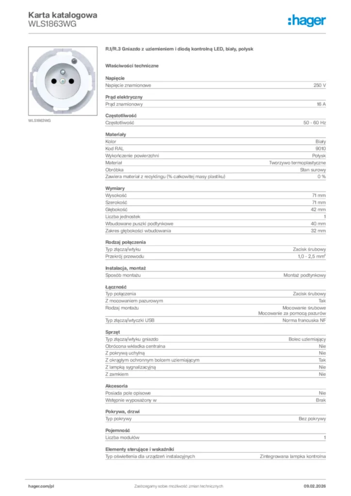 Zdjęcie Hager Karta katalogowa WLS1863WG | Hager Polska