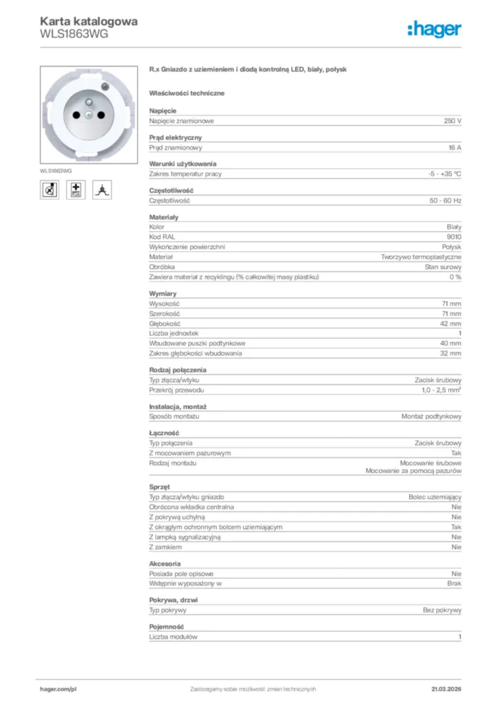 Zdjęcie Hager Karta katalogowa WLS1863WG | Hager Polska