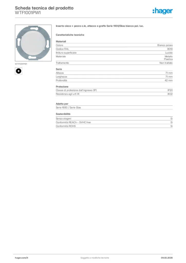 Immagine Hager Scheda tecnica del prodotto WTF1001PW1 | Hager Italia
