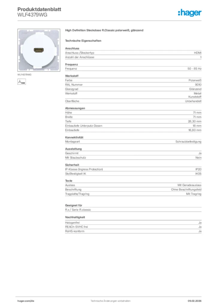 Bild Hager Produktdatenblatt WLF4379WG | Hager Deutschland