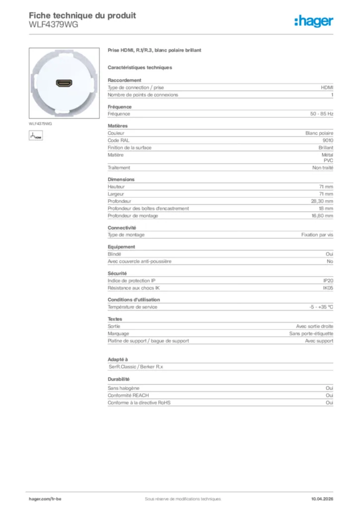Image Hager Fiche technique du produit WLF4379WG | Hager Belgique