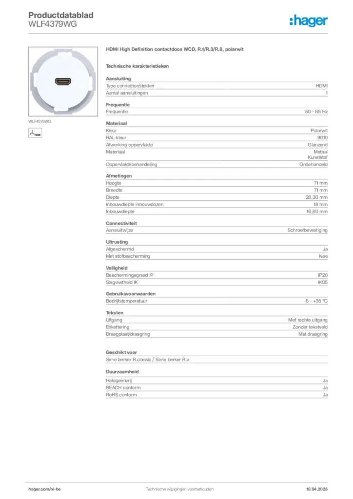 Afbeelding Hager Productdatablad WLF4379WG | Hager Belgium
