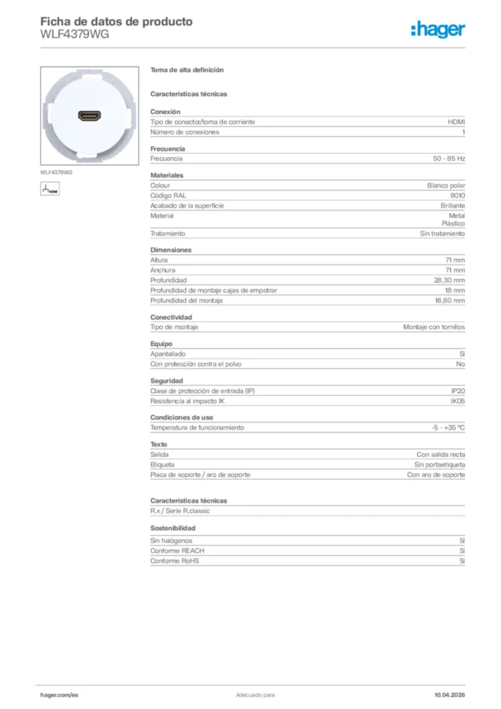 Imagen Hager Ficha de datos de producto WLF4379WG | Hager España