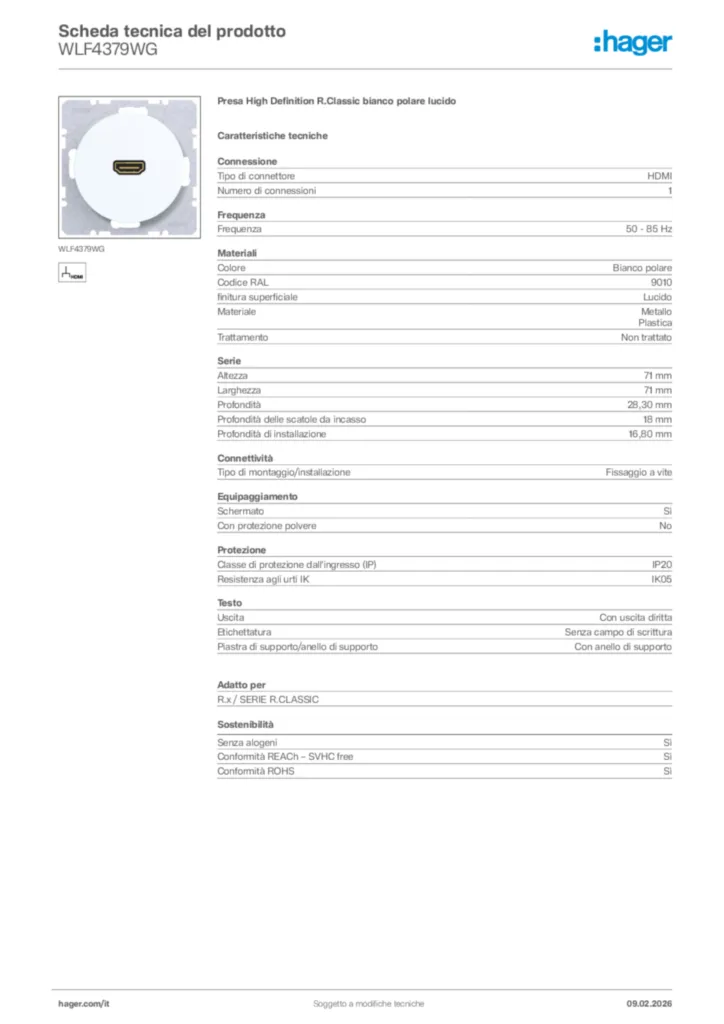 Immagine Hager Scheda tecnica del prodotto WLF4379WG | Hager Italia