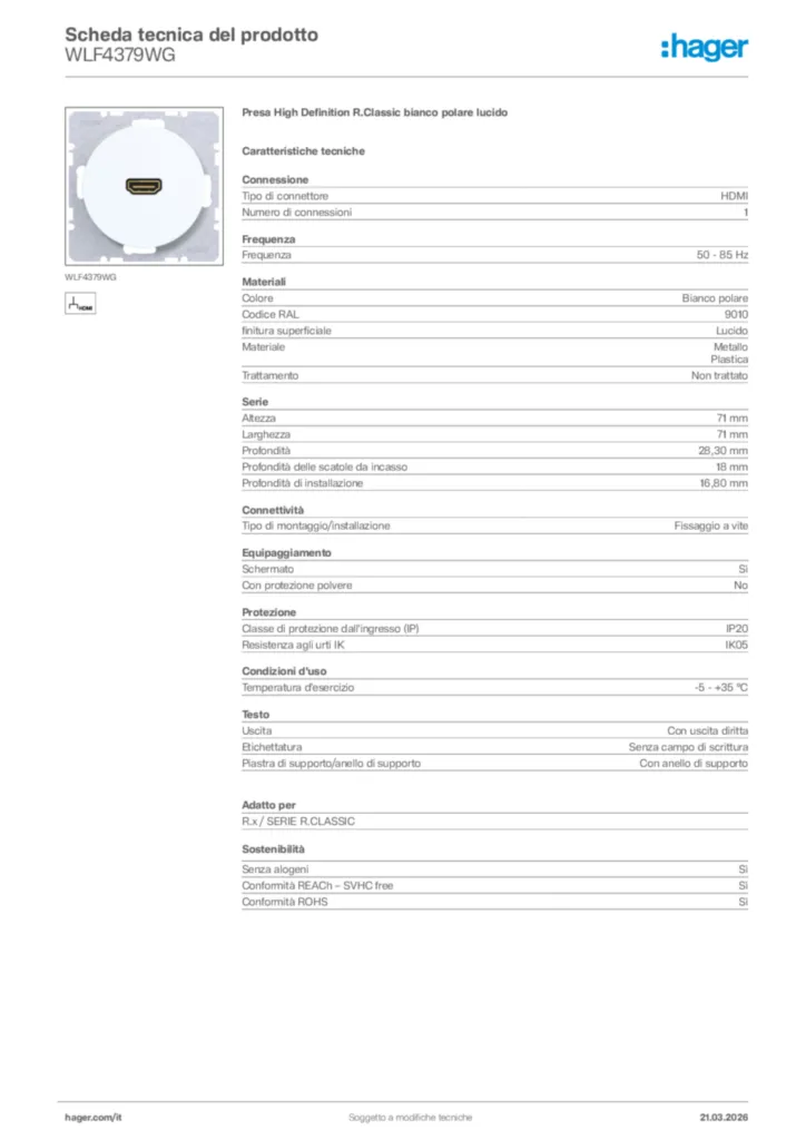 Immagine Hager Scheda tecnica del prodotto WLF4379WG | Hager Italia