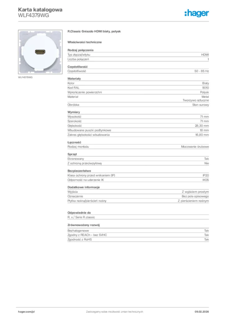 Zdjęcie Hager Karta katalogowa WLF4379WG | Hager Polska