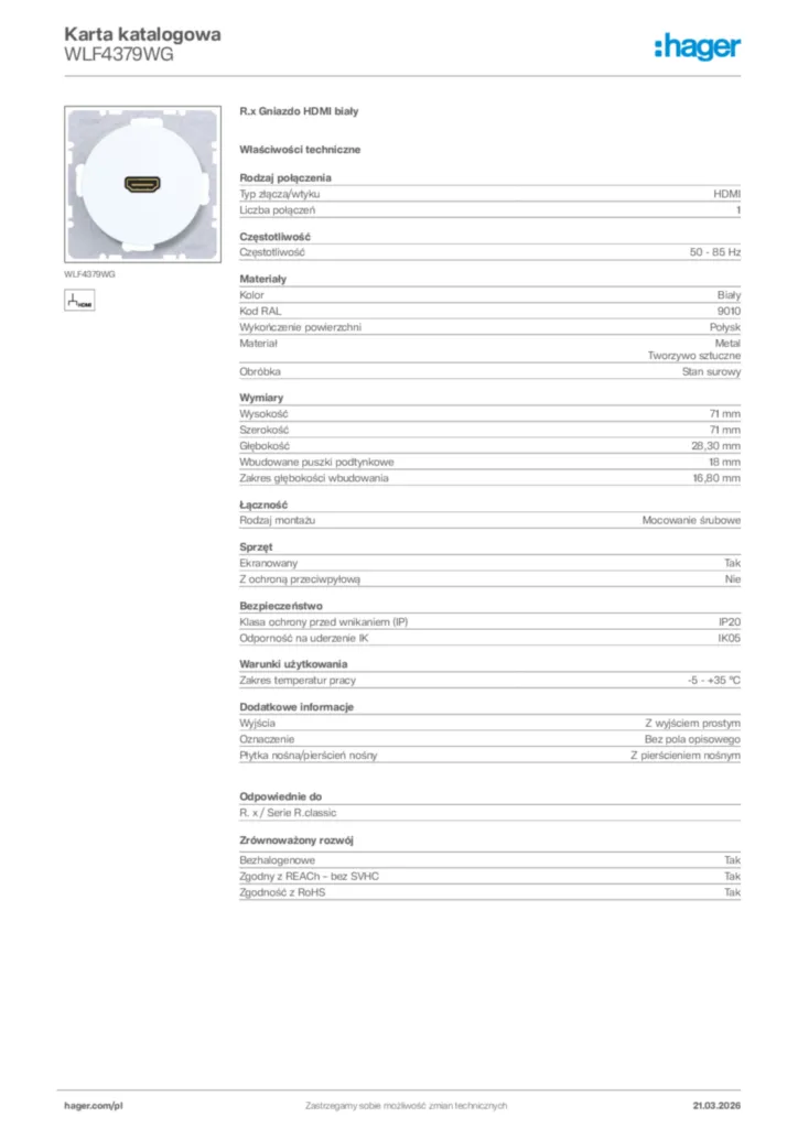 Zdjęcie Hager Karta katalogowa WLF4379WG | Hager Polska