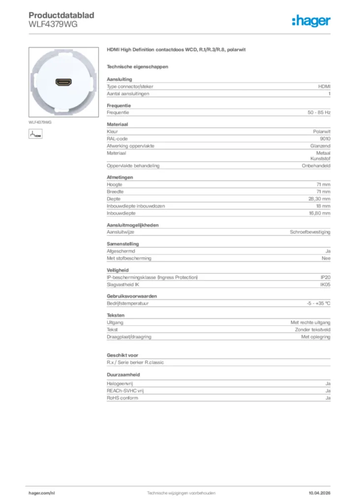 Afbeelding Hager Productdatablad WLF4379WG | Hager Nederland