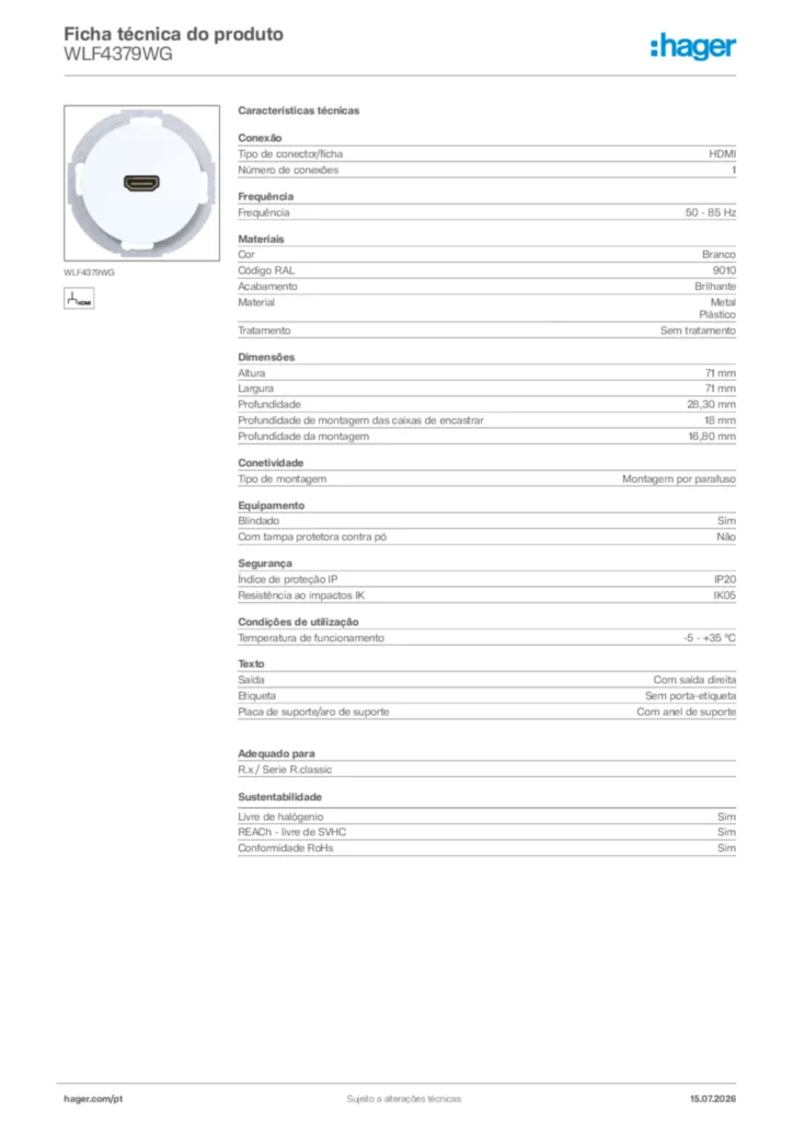Imagem Hager Ficha técnica do produto WLF4379WG | Hager Portugal