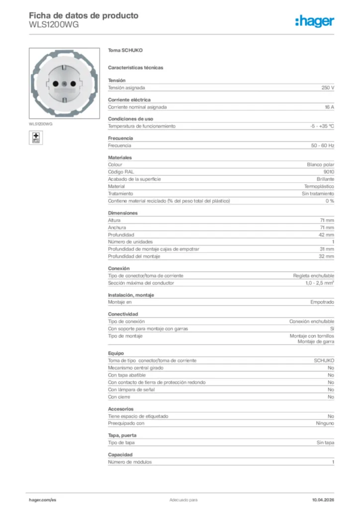 Imagen Hager Ficha de datos de producto WLS1200WG | Hager España