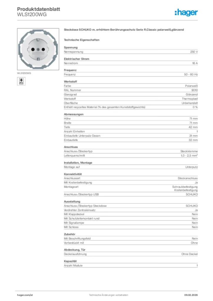 Bild Hager Produktdatenblatt WLS1200WG | Hager Deutschland