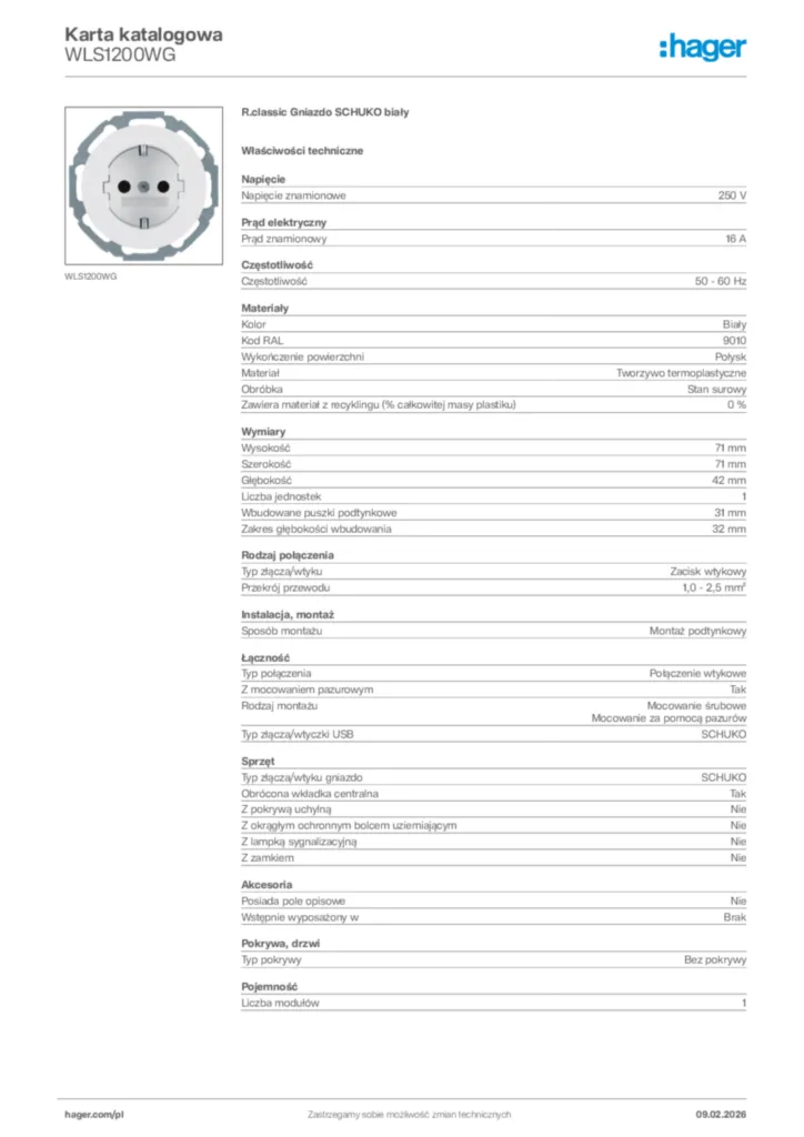 Zdjęcie Hager Karta katalogowa WLS1200WG | Hager Polska