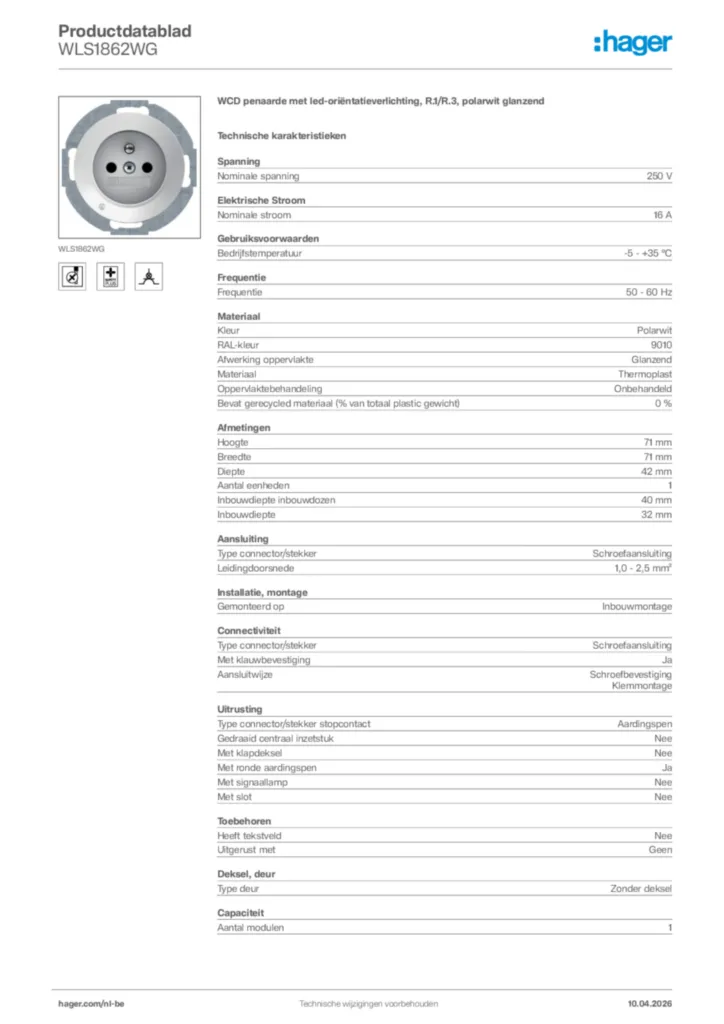 Afbeelding Hager Productdatablad WLS1862WG | Hager Belgium