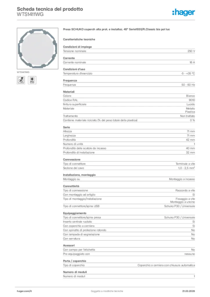 Immagine Hager Scheda tecnica del prodotto WTS1411WG | Hager Italia