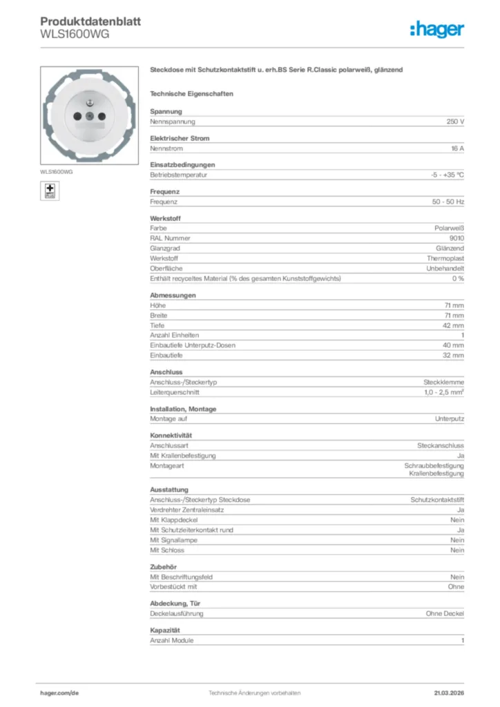 Bild Hager Produktdatenblatt WLS1600WG | Hager Deutschland