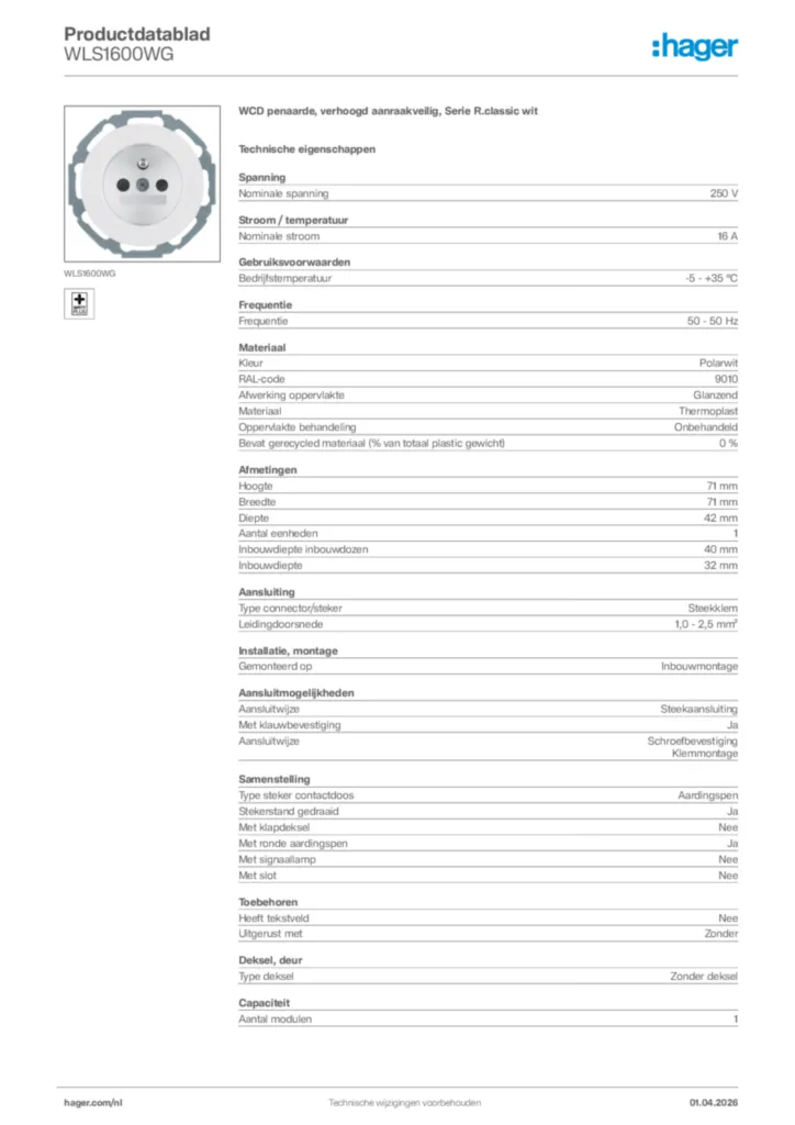 Afbeelding Hager Productdatablad WLS1600WG | Hager Nederland