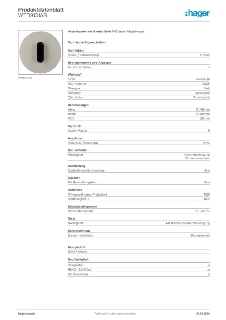Bild Hager Produktdatenblatt WTD9131AB | Hager Deutschland